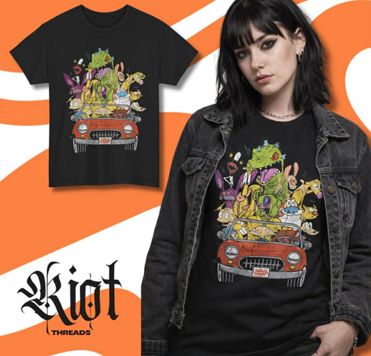 Cartoon Monster Road Trip Tee | Vintage Red Convertible, Funny Creature Crew