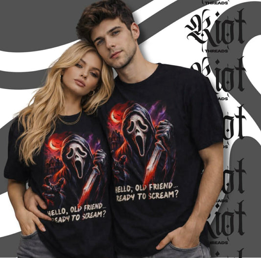 Scream Mask Bloody Knife Illustration Tee | Hello Old Friend Ready to Scream?